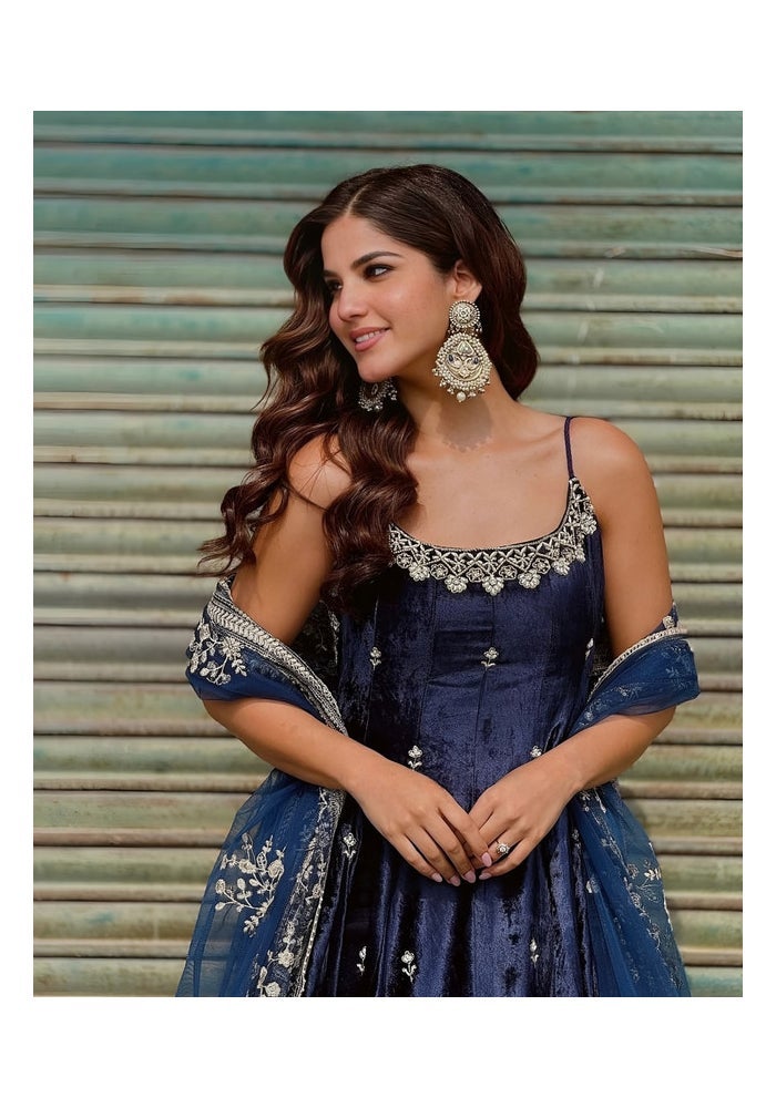 Malishka Export Blue Vichitra Silk Anarkali Kurta Pant for Women - Image 5